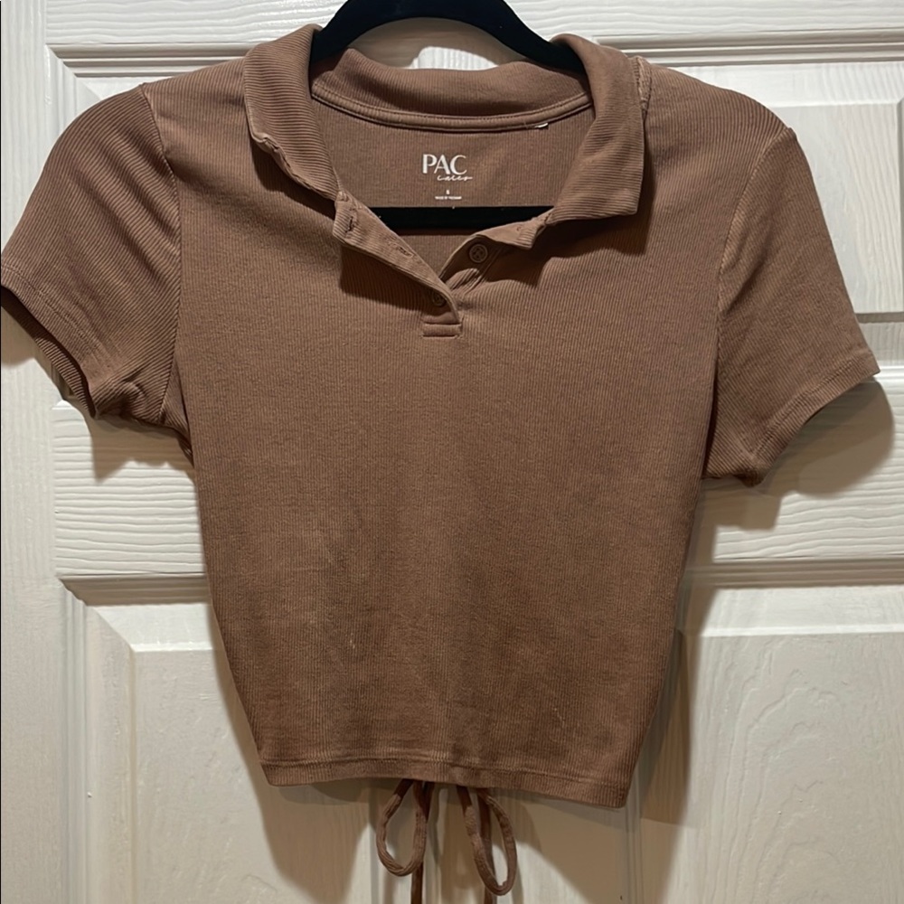 Brown Ribbed Polo Crop Top